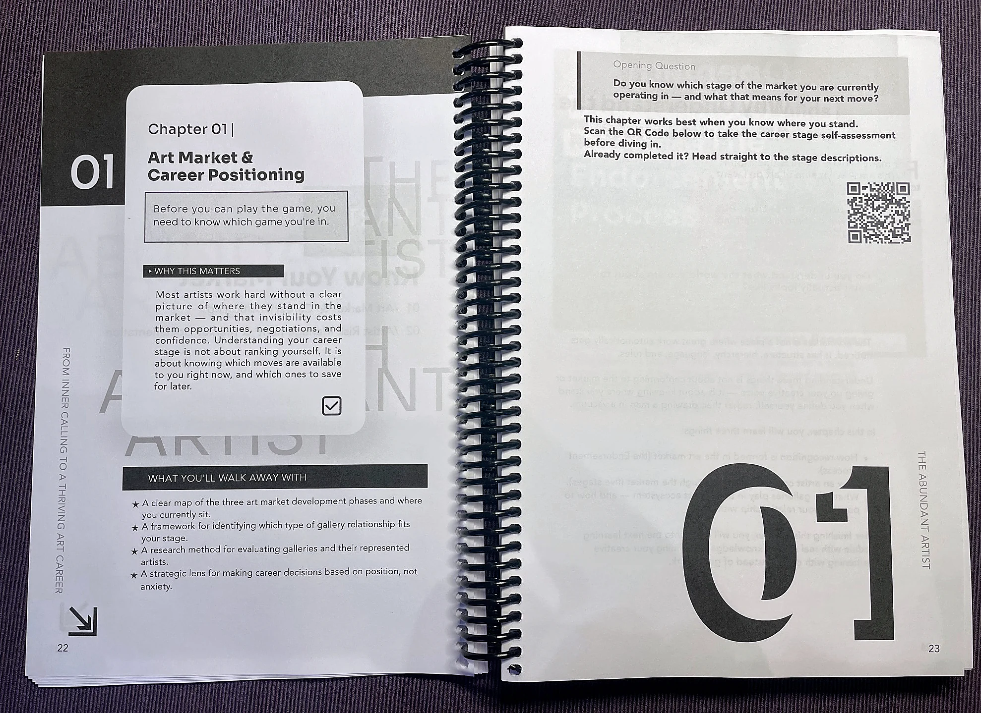 Photographed Chapter 1 opening spread about art market and career positioning