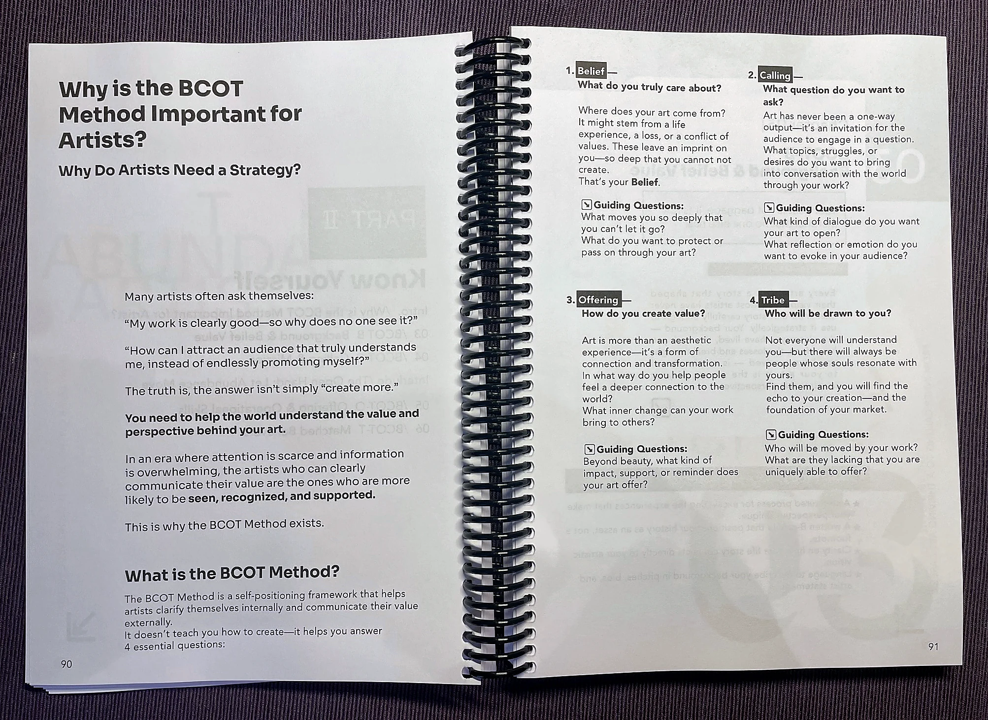 Photographed workbook spread introducing the BCOT method